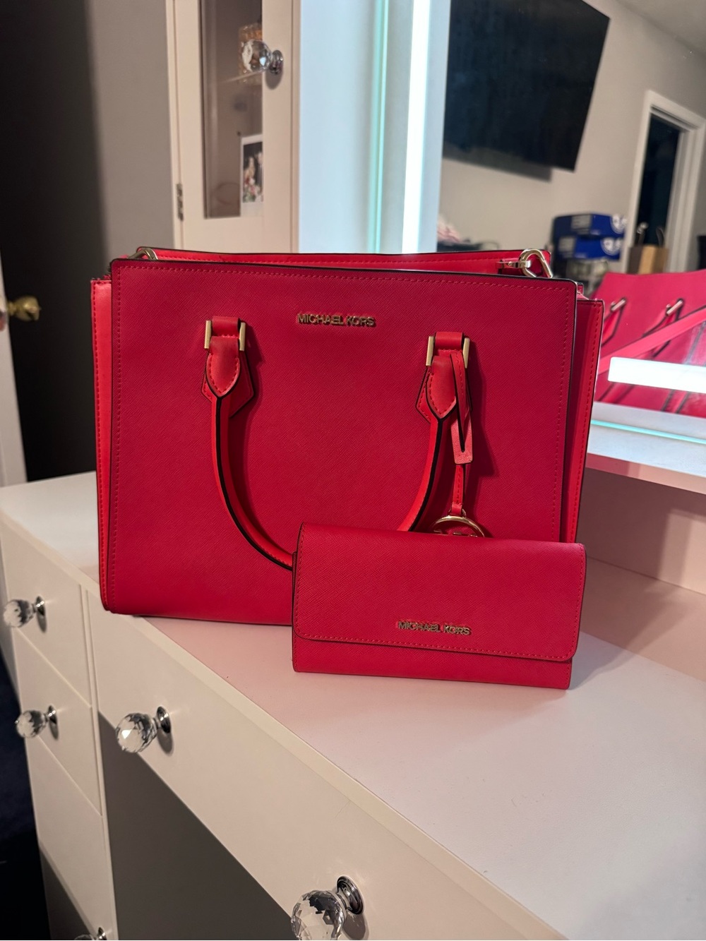 Michael Kors Red Saffiano Satchel with Matching Wallet